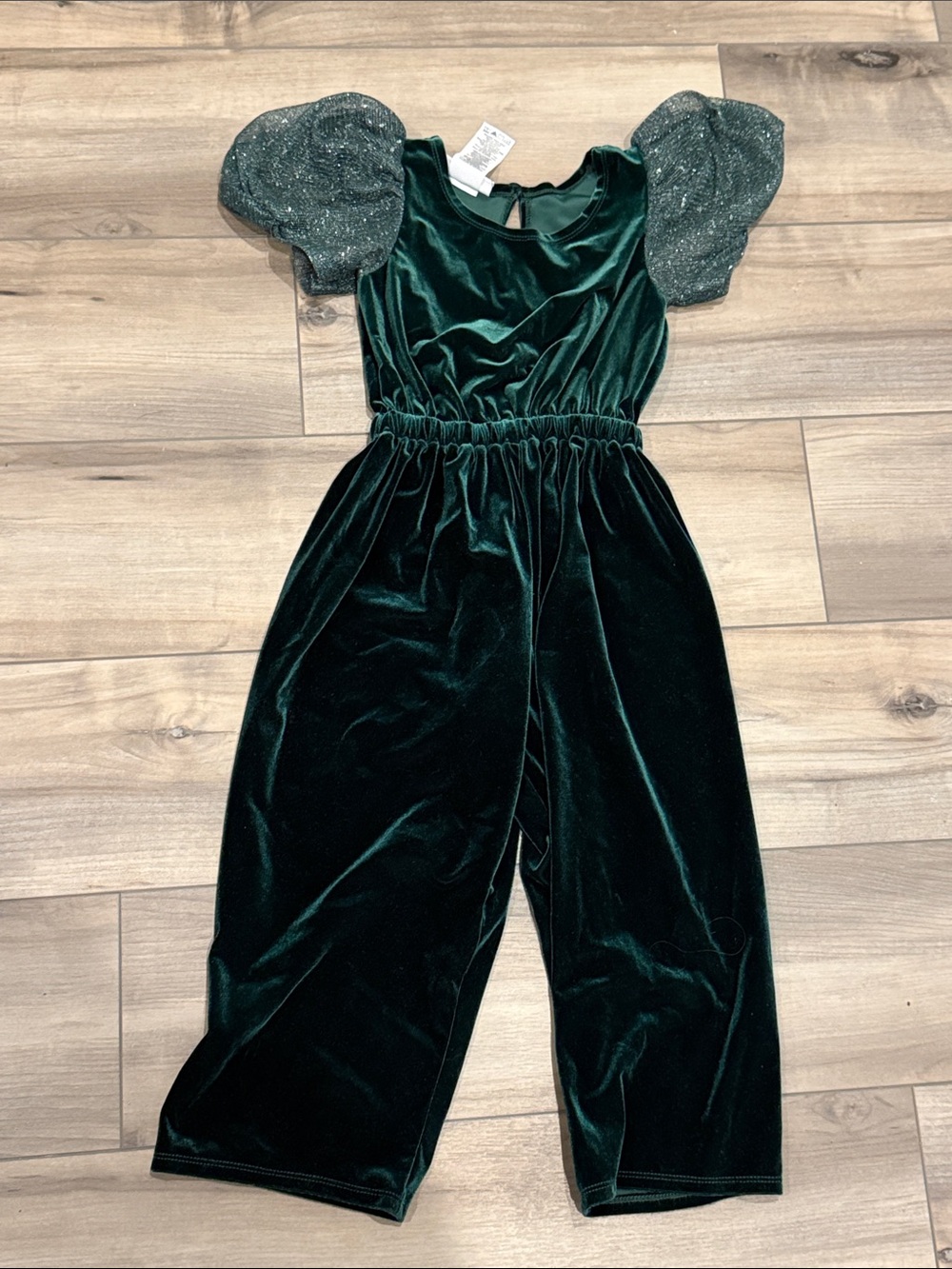 Bonnie Jean Dark Green Velvet Jumpsuit with Glitter Puff Sleeves